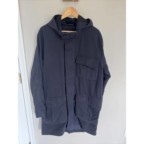 Mens Black Hooded Utility Parka Jacket Long Sleeve Full Zip Pockets - Picture 6 of 11